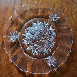 FOSTORIA Rosette Rippled Glass Dessert Plate With Intaglio, Frosted Rose Bouquet